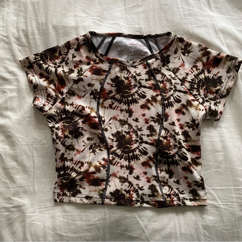 Tie-Dye Short Sleeve Crop Top - South Beach S Brown/Black Swim Top